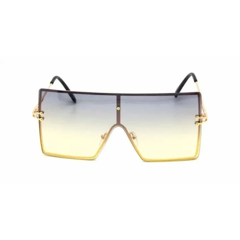 Women Oversized Square Shield Sunglasses Green Yellow Gold Flat Top Shade Trendy